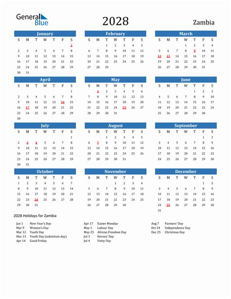 2028 Zambia Calendar With Holidays