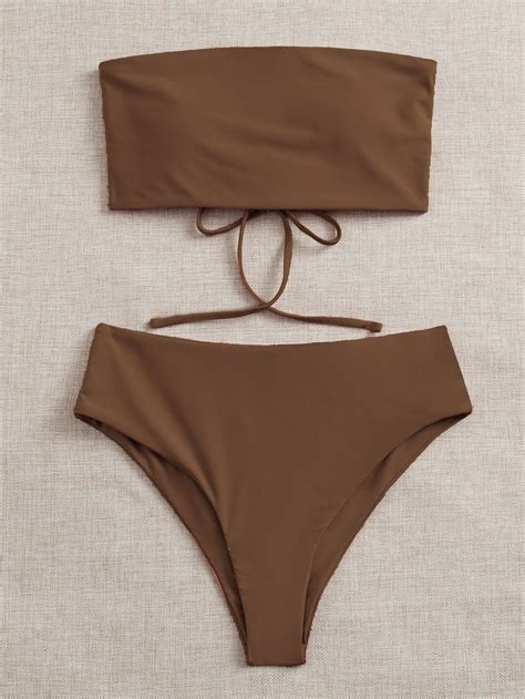 Bikini Bandeau Bikini Set Brown Swimsuit Brown Bikini Beachwear For
