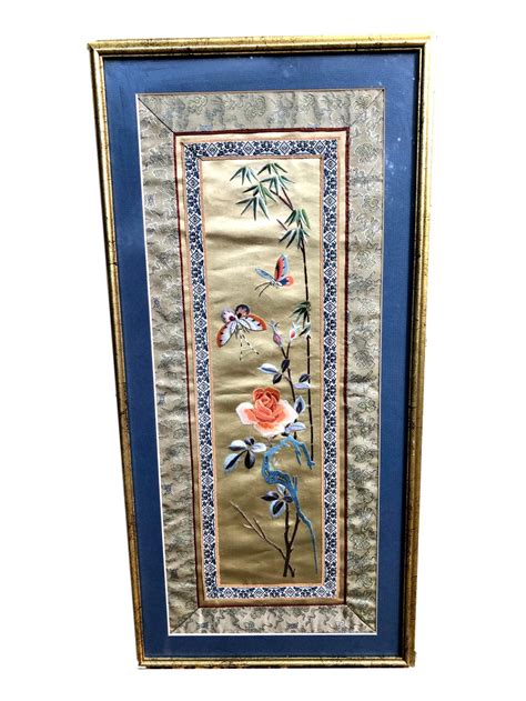Chinoiserie Framed Silk Embroidery Textile Art Panel Embroidered