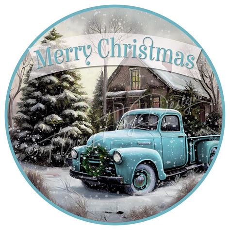 Exclusive Design Vintage Merry Christmas Blue Truck Tree Snow Farm Uv