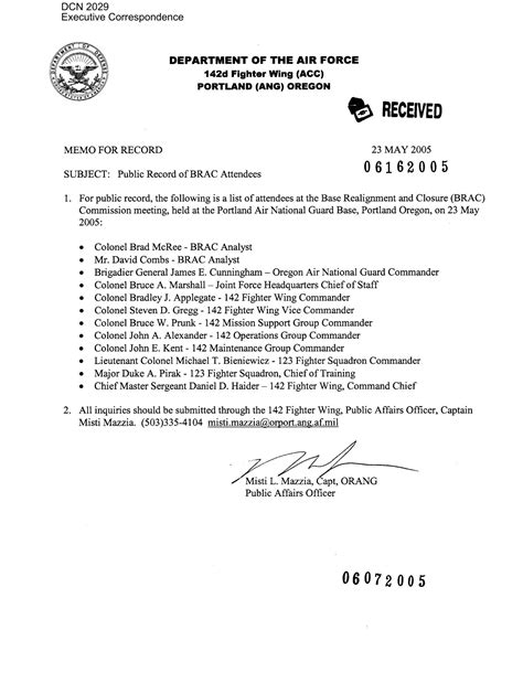 Memorandum From The Public Affairs Office 142nd Fighter Wing Cc