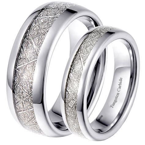 His And Hers Matching Tungsten Meteorite Wedding Couple Rings Set