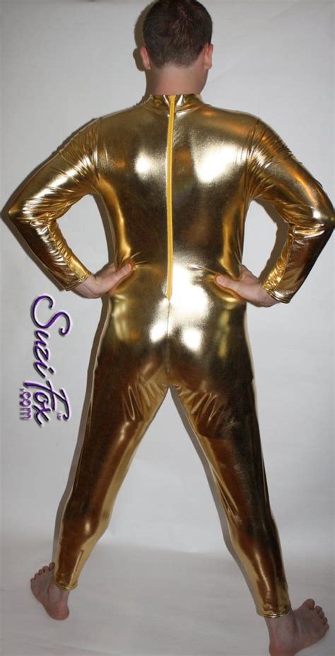 Mens Back Zipper Catsuit Shown In Shiny Gold Metallic Foil Coated Spandex By Suzi Fox In 2023