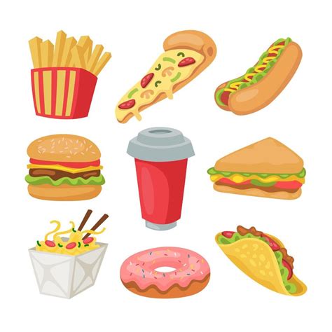 Fast Food Cartoon Set Illustration Various Unhealthy Junk Food