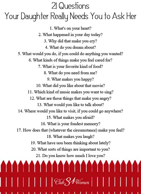 Lisa Jacobson Club31womens Blog Free Printable 21 Questions Your Daughter Really Needs You