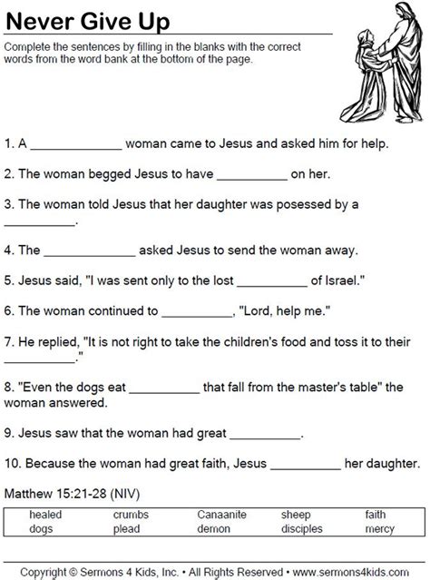 Never Give Up Fill In The Blanks Bible Worksheets Bible Study