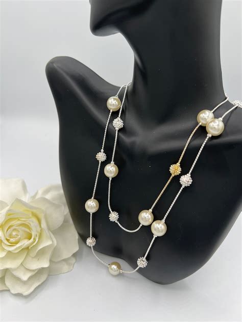 Large Long Pearl Station Necklace Pearl Station Necklace Etsy