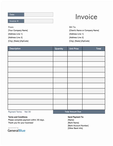 Us Invoice Template In Excel Simple