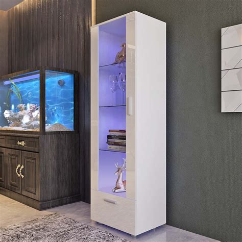 192cm Modern Tall Display Cabinet Unit High Gloss White Glass Shelves