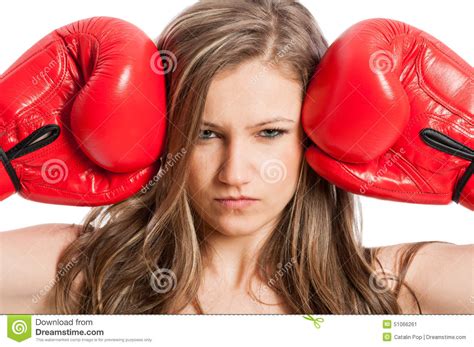 Beautiful Female Model With Boxing Gloves And Serious Face Stock Photo