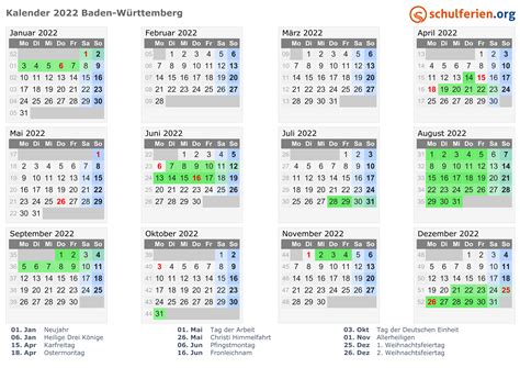Kalender 2022 Ferien Baden Württemberg Feiertage
