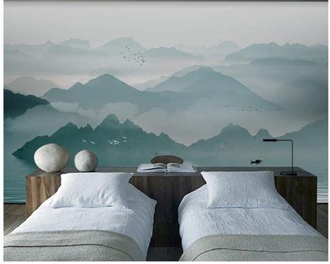 Ombre Mountains with Water Mural Wallpaper, Handpainted Ombre Mountains