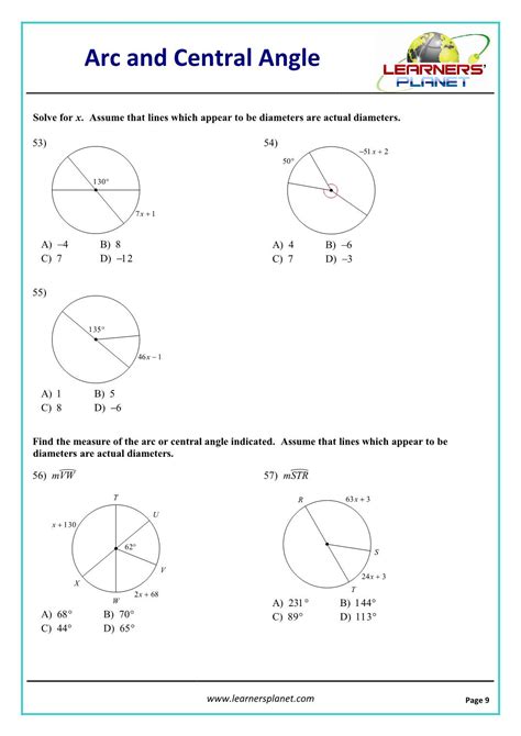 Central Angles And Arc Measures Answer Key