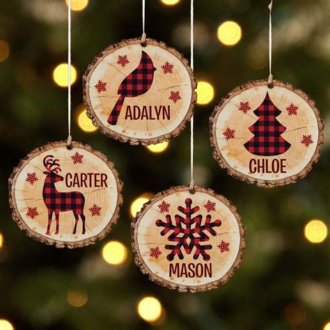 Personalized Perfectly Plaid Rustic Wooden Ornament Reindeer