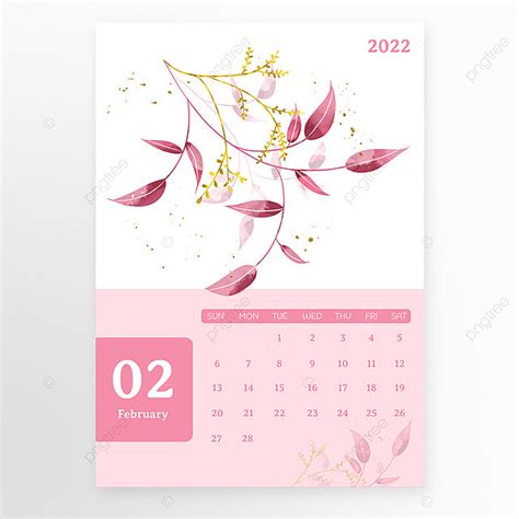 Calendario Anual De La Serie De Flores 2022 Febrero Rosa Acuarela Ramas