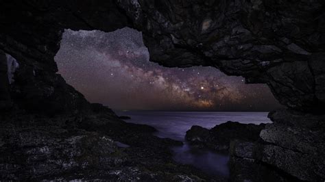 Nature Night Stars Milky Way Sea Rock Rocks Long