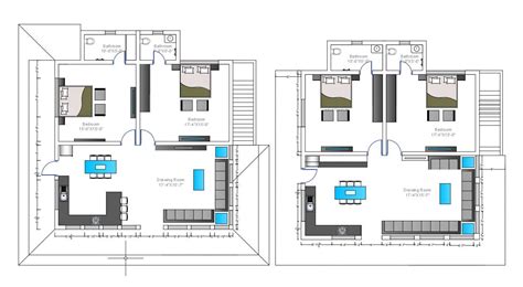 Furniture 2 Bhk Residential Bungalow Two Type Options Autocad Drawing