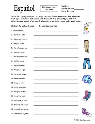 Spanish Clothing And Colors Worksheet Noun And Adjective Agreement By