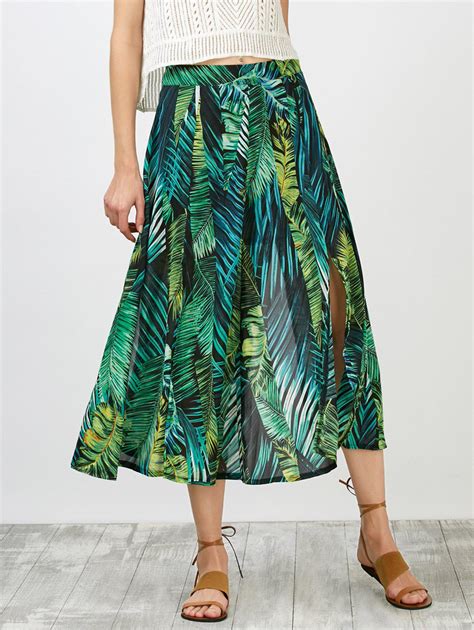 55 Off High Waisted Leaf Print Slit Skirt Rosegal