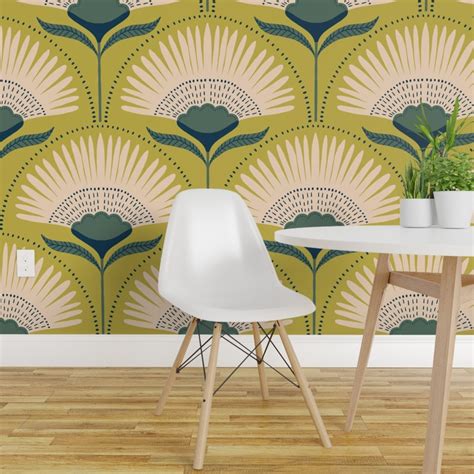 Peel Stick Wallpaper 2FT Wide Art Deco Green Flower Floral Geometric