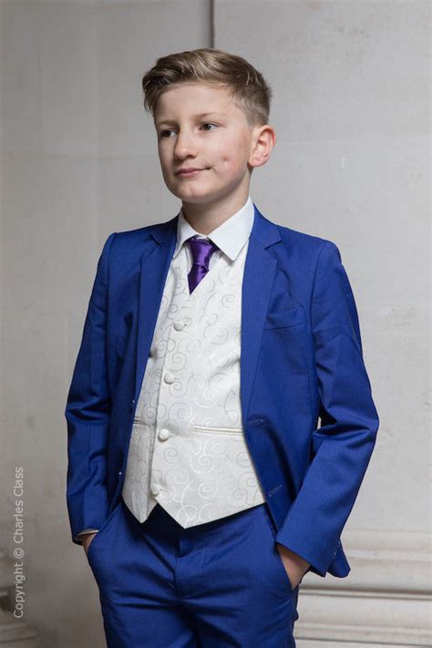 Boys Electric Blue Ivory Wedding Suit With Purple Tie Charles Class