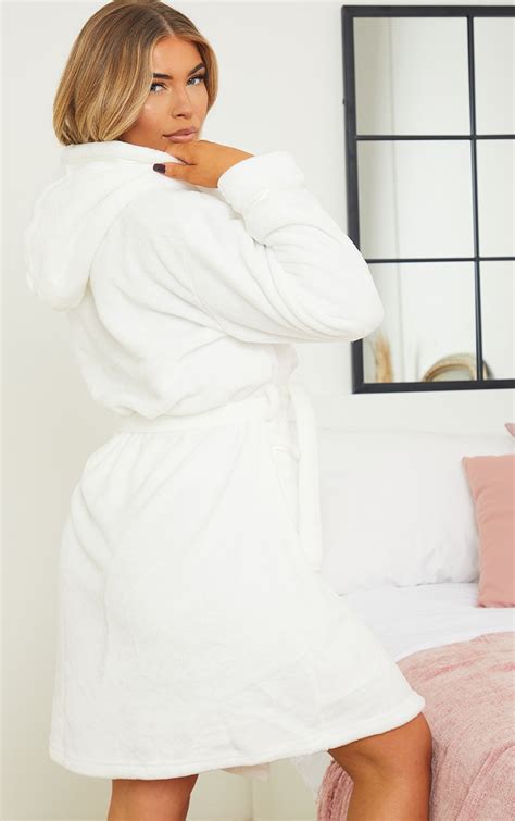White Satin Trim Fleece Hooded Dressing Gown Prettylittlething Aus