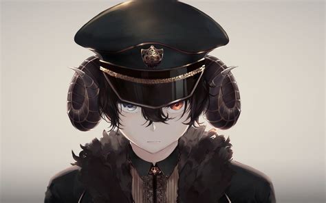 Anime Boy Creepy Horns Hat Uniform Bicolored Eyes