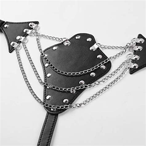 Chictry Womens Leather Metal Chain Cupless Bra And G String Lingerie