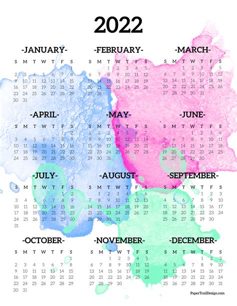 Calendar 2022 Printable One Page Paper Trail Design Monthly Calendar