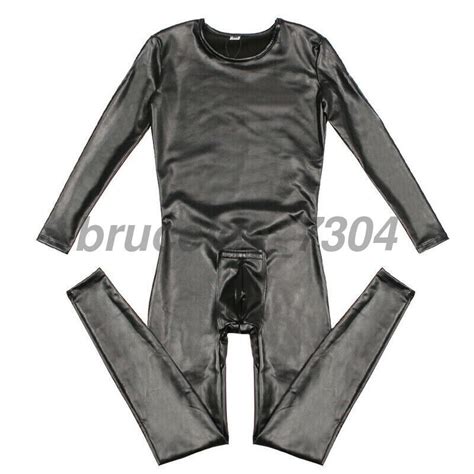 herren pu kunstleder langarm jumpsuit wetlook bodysuit catsuit clubwear schwarz ebay