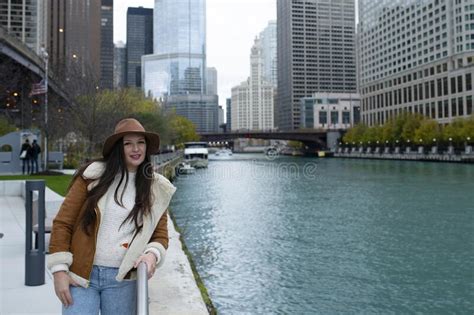 A Woman In Chicago By The River Stock Photo Image Of Tourist Travel