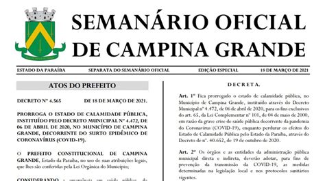 Prefeitura De Campina Grande Renova Decreto De Calamidade Pública Por Causa Da Pandemia