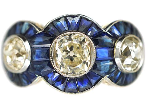 Art Deco 18ct Gold Sapphire And Diamond Triple Cluster Ring 758n The