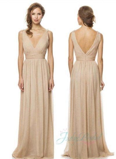 JM14012 Strappy V Neck Nude Color Long Chiffon Bridesmaid Gown Dress