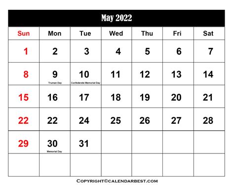 May 2022 Printable Calendar With Holidays Printable Word Searches