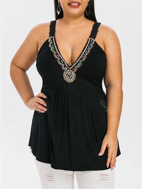 37 Off Plus Size Beading Plunging Tank Top Rosegal