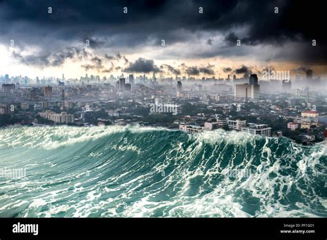 Nature Disaster City Destroyed By Tsunami Waves Stock Photo Alamy