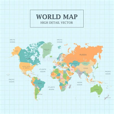 World Map Full Color High Detail Stock Vector Illustration Of