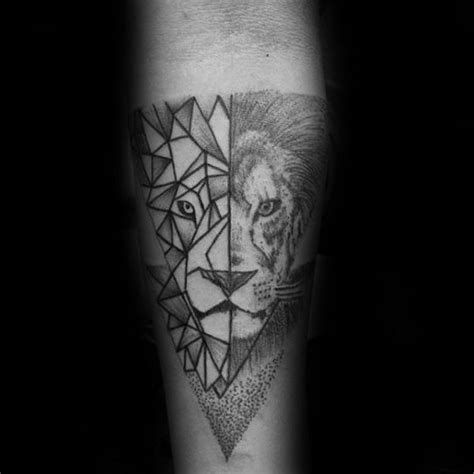 A Black And White Photo Of A Tattoo With A Lion On Its Leg