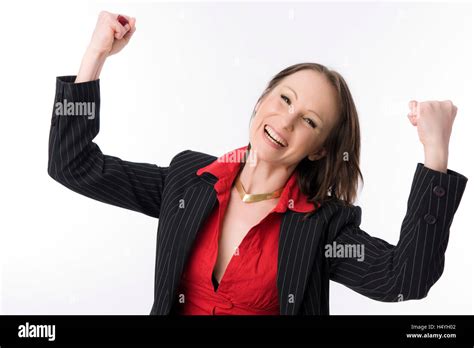 Cheering Business Woman With Clenched Fists Stock Photo Alamy