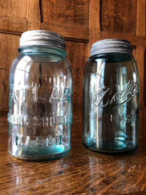 Vintage Mason Jars Pair Of Jars With Zinc Lids Blue Ball Atlas Jars