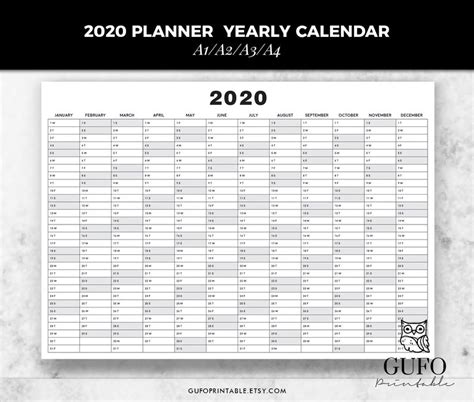 2020planner Yearly Calendar Printable Planner Calendar 2020 Etsy