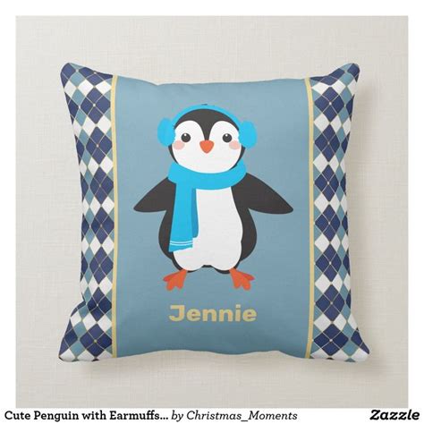 Cute Penguin With Earmuffs With Argyle Accents Throw Pillow Zazzle