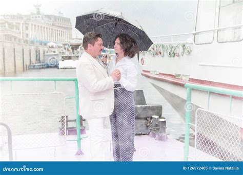 Sensual Couple Middle Aged Man Woman Umbrella True Love Feelings Stock