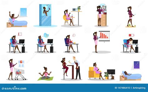 Daily Routine Of A Woman Set Girl Having Breakfast Stock Vector