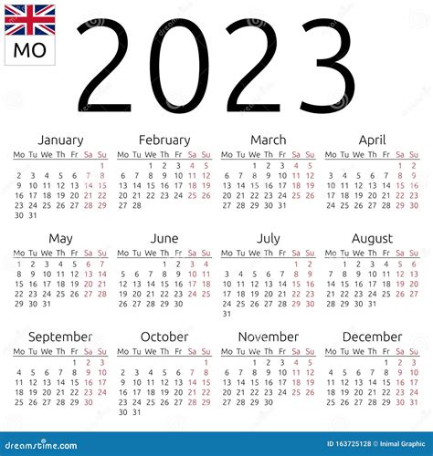 Calendar 2023 English Monday Stock Vector Illustration Of Number