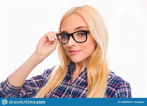 Beautiful Smiling Blonde Touching Glasses On White Background Stock