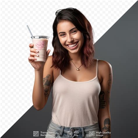 Premium Psd A Woman Holding A Drink And A Drink With A Straw In Her Hand