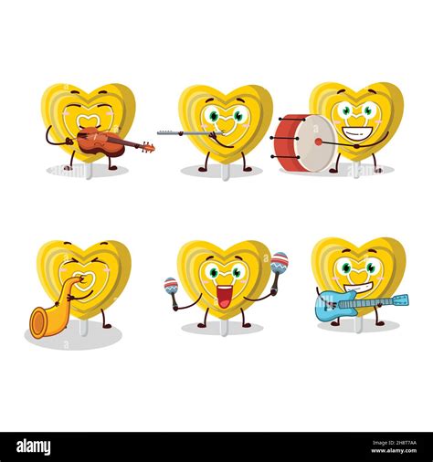 Cartoon Character Of Yellow Love Candy Playing Some Musical Instruments Vector Illustration