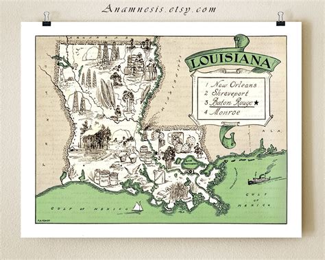 Louisiana Map Print Vintage Pictorial Map Wall Decor Size Etsy